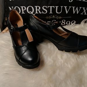 Black Rubber Heeled Mary Janes